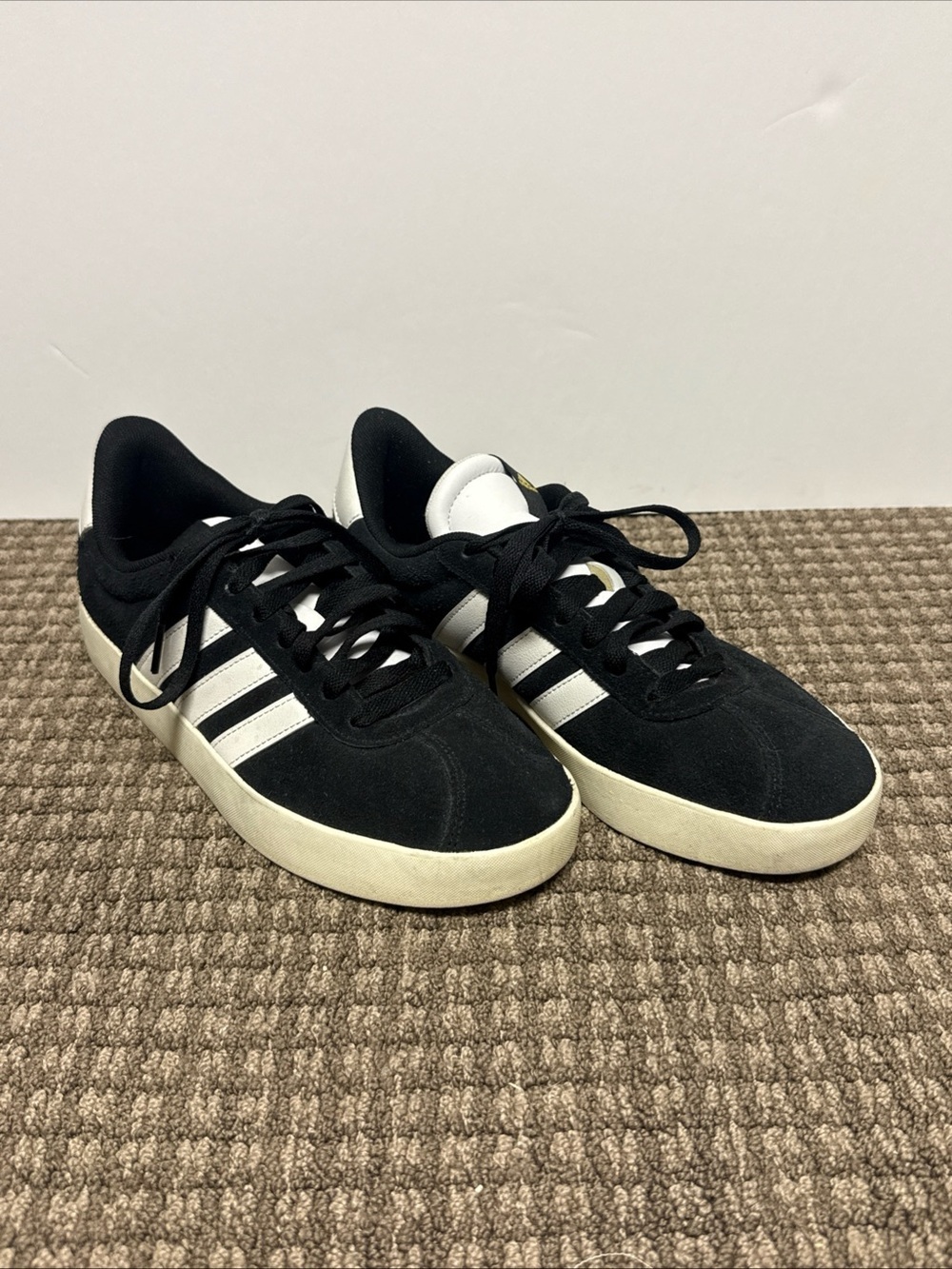 adidas VL court 3.0 Black Suede Sneakers with White Stripes and Cream Sole